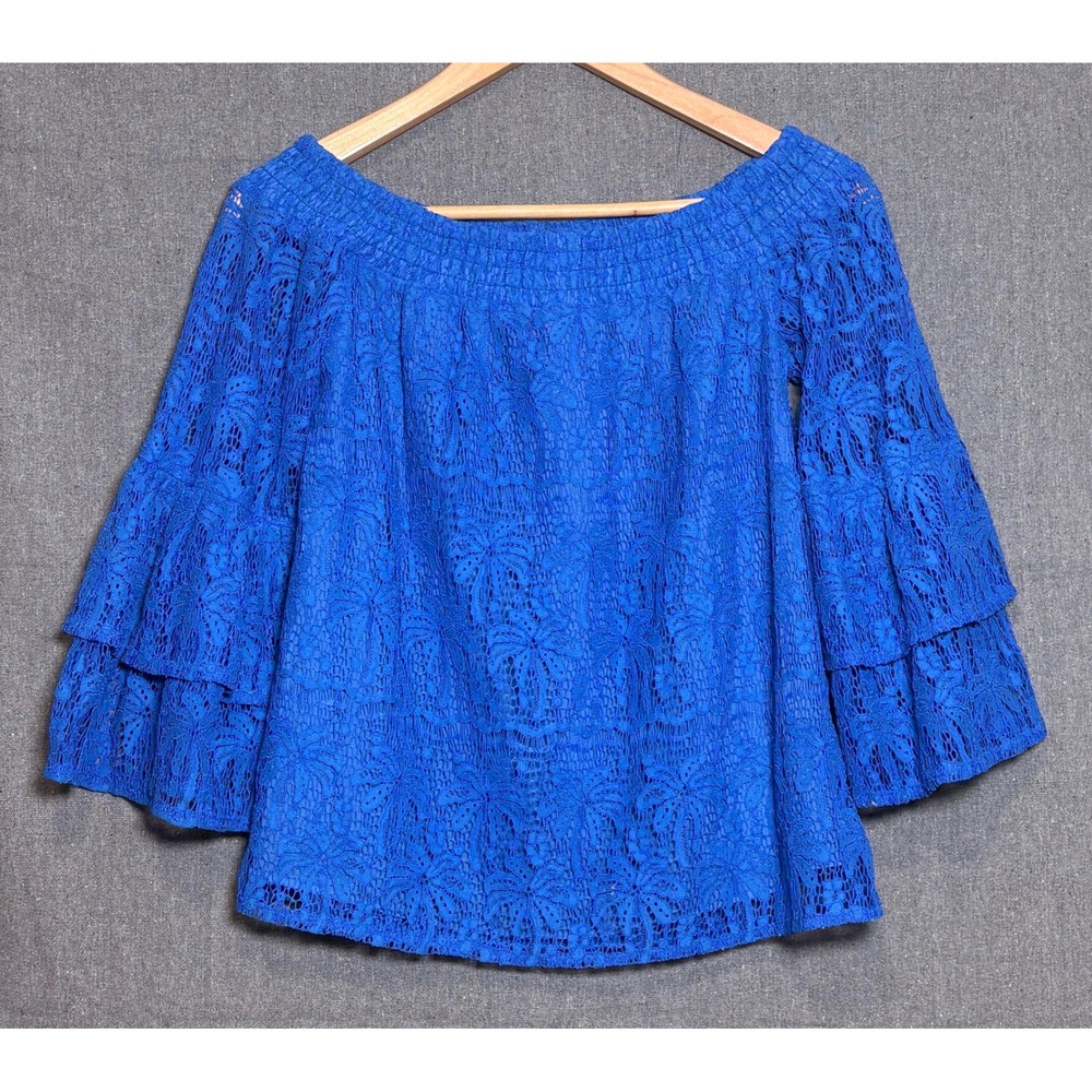 Lilly Pulitzer Blue Lace Off The Shoulder Ruffle Bell Sleeve Top Sz XS‎